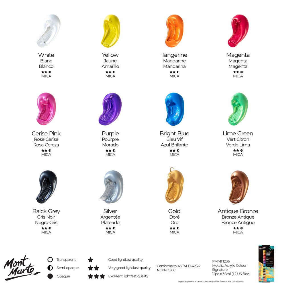 Mont Marte Signature Metallic Acrylic Colour Paint Set 12pc x 36ml