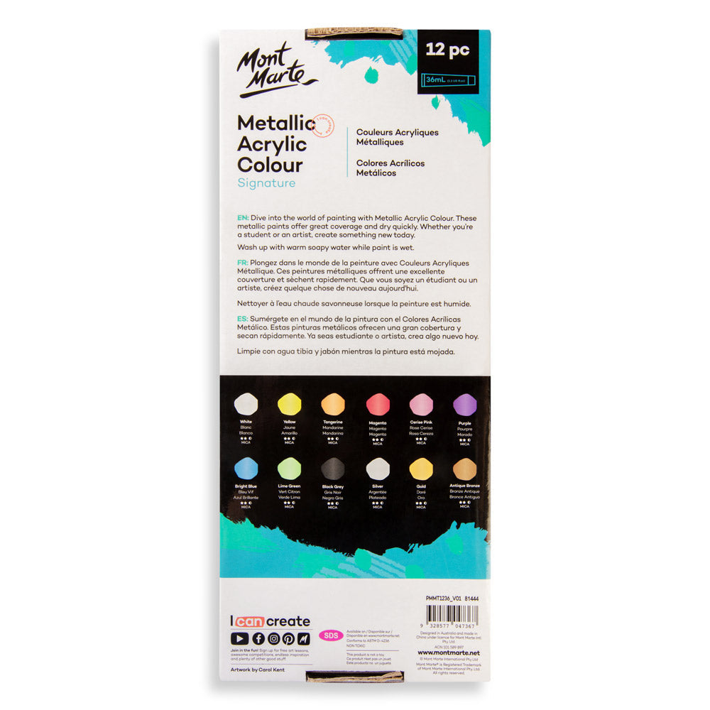 Mont Marte Signature Metallic Acrylic Colour Paint Set 12pc x 36ml
