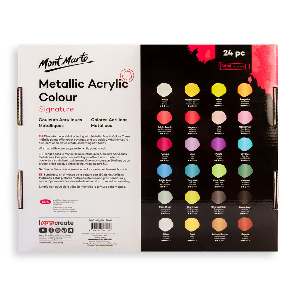 Mont Marte Metallic Acrylic Colour Signature Paint Set - 24×36ml